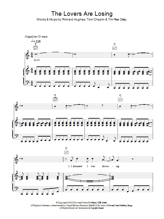 Keane The Lovers Are Losing sheet music notes and chords arranged for Piano, Vocal & Guitar Chords
