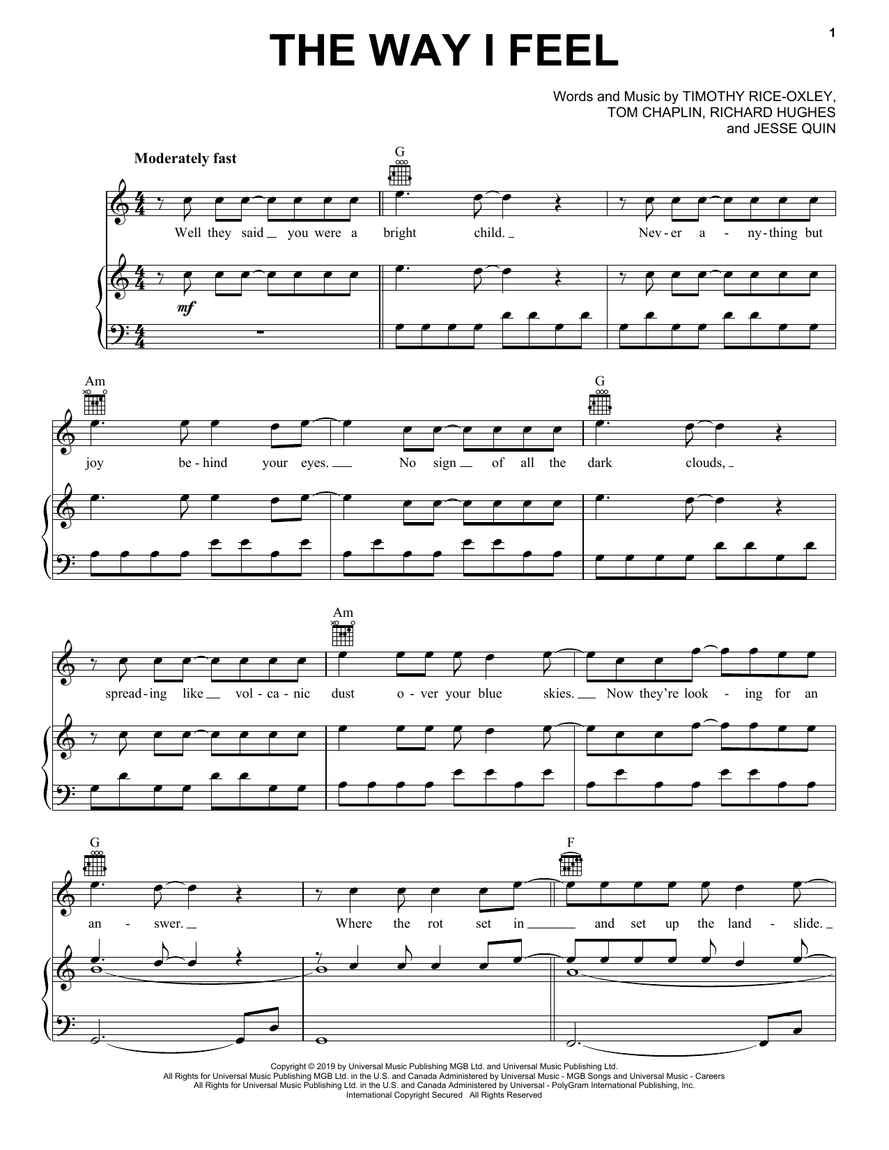 Keane The Way I Feel sheet music notes and chords arranged for Piano, Vocal & Guitar Chords (Right-Hand Melody)