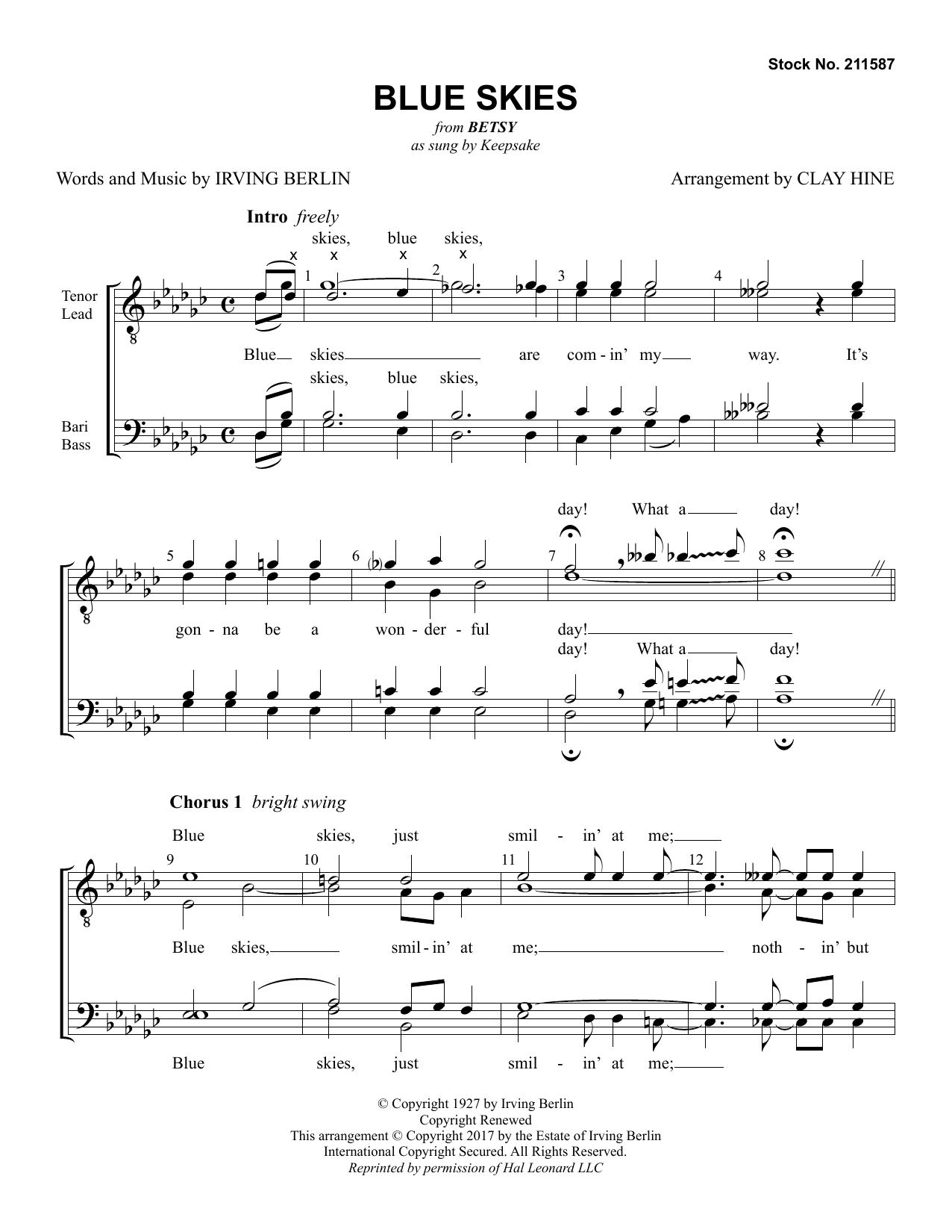 Keepsake Blue Skies (from Betsy) (arr. Clay Hine) sheet music notes and chords arranged for TTBB Choir