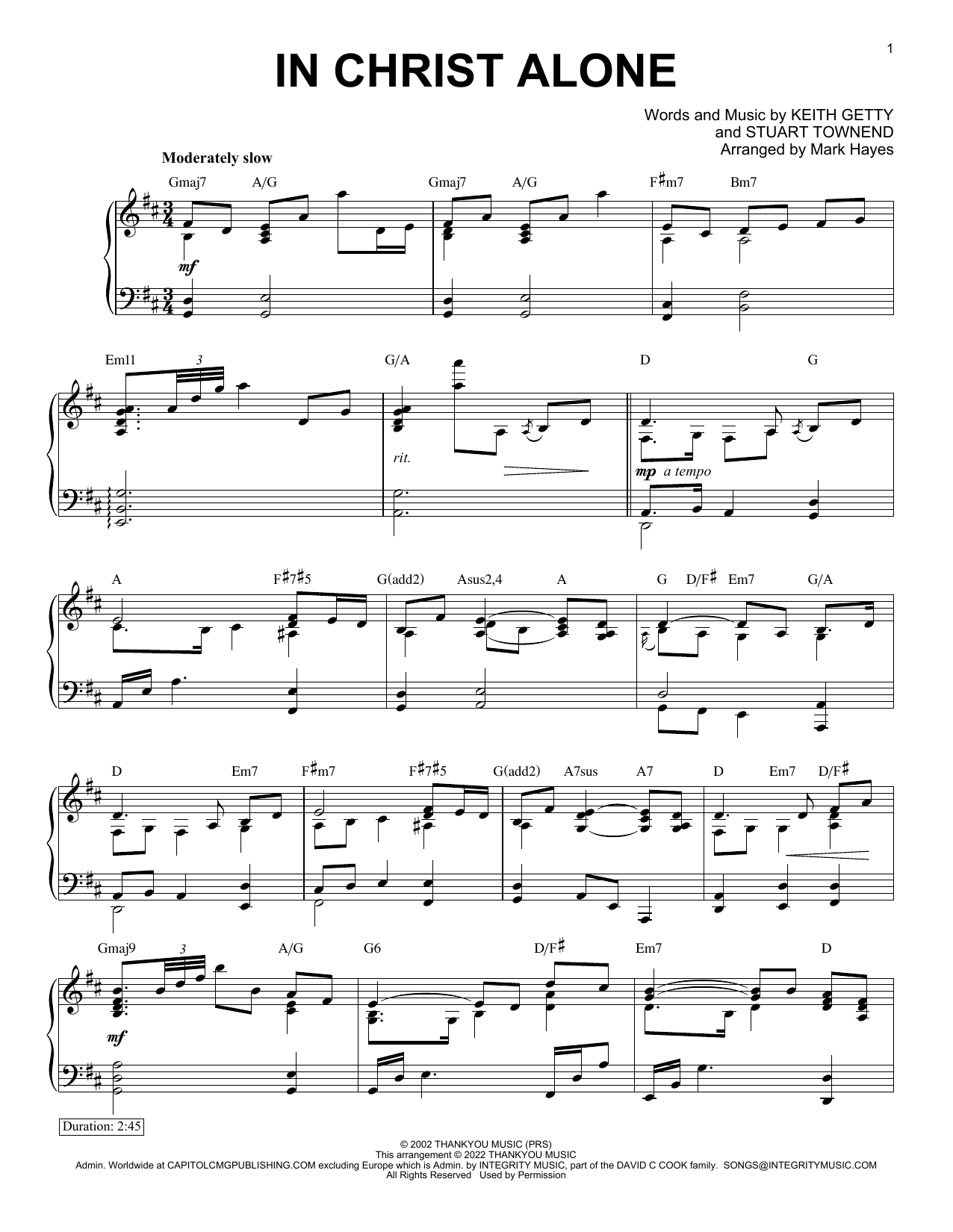 Keith & Kristyn Getty In Christ Alone (arr. Mark Hayes) sheet music notes and chords arranged for Piano Solo
