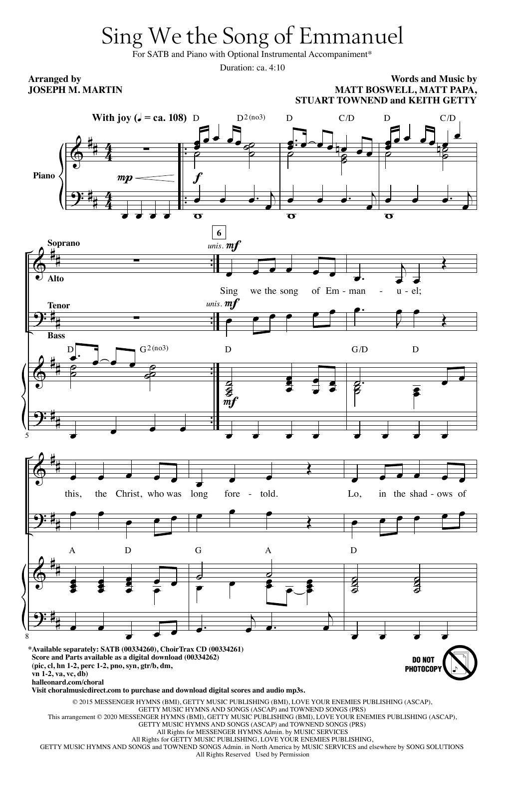 Keith & Kristyn Getty, Matt Boswell and Matt Papa Sing We The Song Of Emmanuel (arr. Joseph M. Martin) sheet music notes and chords arranged for SATB Choir