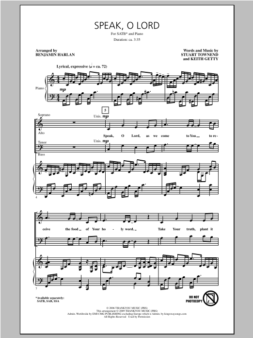 Keith & Kristyn Getty Speak O Lord (arr. Benjamin Harlan) sheet music notes and chords arranged for SATB Choir