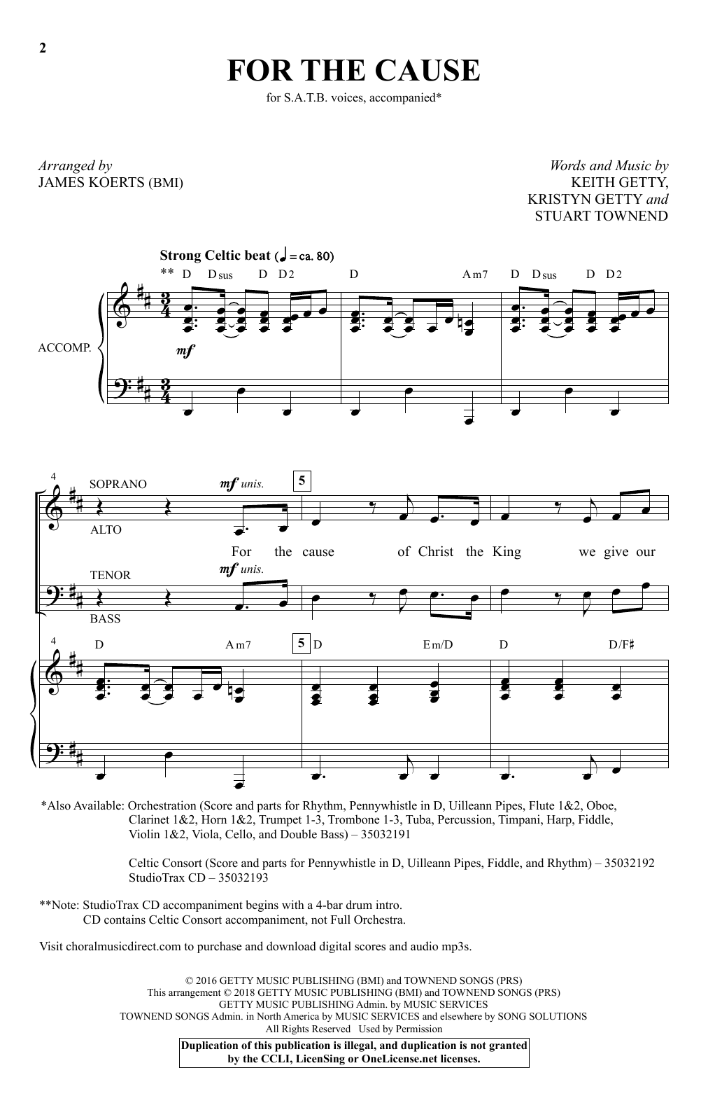 Keith and Kristyn Getty For the Cause (arr. James Koerts) sheet music notes and chords arranged for SATB Choir