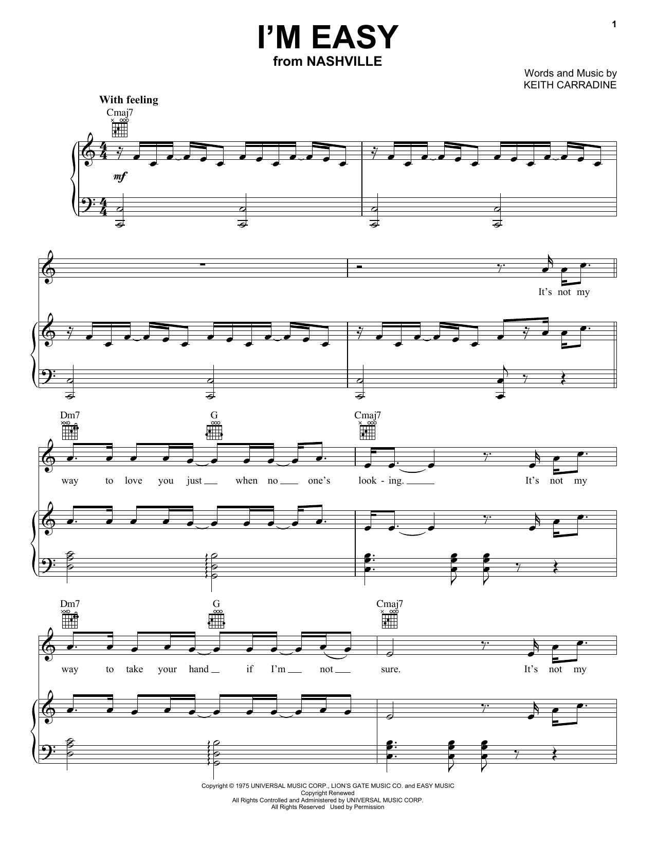 Keith Carradine I'm Easy sheet music notes and chords arranged for Piano, Vocal & Guitar Chords (Right-Hand Melody)