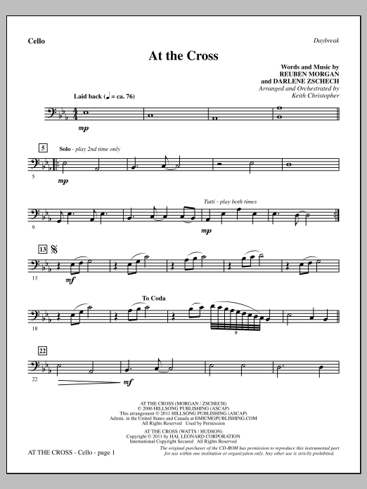 Keith Christopher At The Cross - Cello sheet music notes and chords arranged for Choir Instrumental Pak
