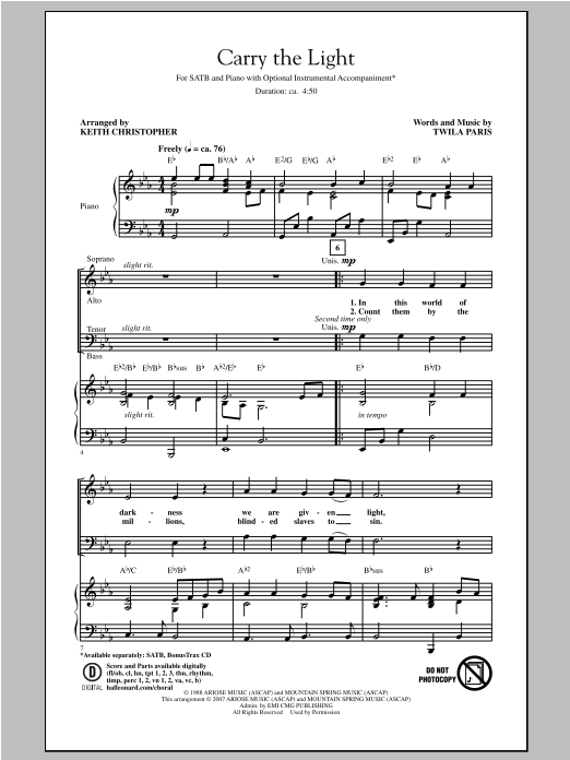 Keith Christopher Carry The Light sheet music notes and chords arranged for SATB Choir