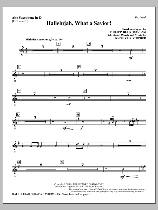 Keith Christopher Hallelujah, What A Savior! - Alto Sax (sub. Horn) sheet music notes and chords arranged for Choir Instrumental Pak