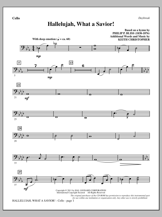 Keith Christopher Hallelujah, What A Savior! - Cello sheet music notes and chords arranged for Choir Instrumental Pak