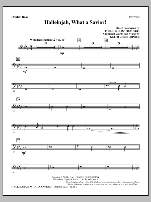 Keith Christopher Hallelujah, What A Savior! - Double Bass sheet music notes and chords arranged for Choir Instrumental Pak