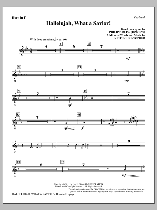Keith Christopher Hallelujah, What A Savior! - F Horn sheet music notes and chords arranged for Choir Instrumental Pak