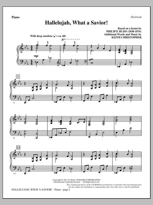 Keith Christopher Hallelujah, What A Savior! - Piano sheet music notes and chords arranged for Choir Instrumental Pak