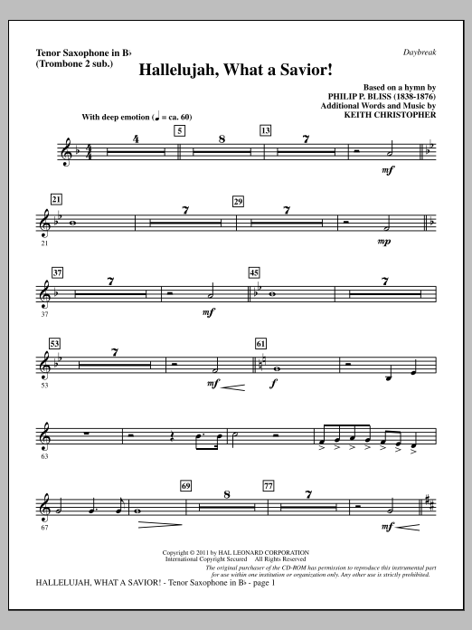 Keith Christopher Hallelujah, What A Savior! - Tenor Sax (sub. Tbn 2) sheet music notes and chords arranged for Choir Instrumental Pak