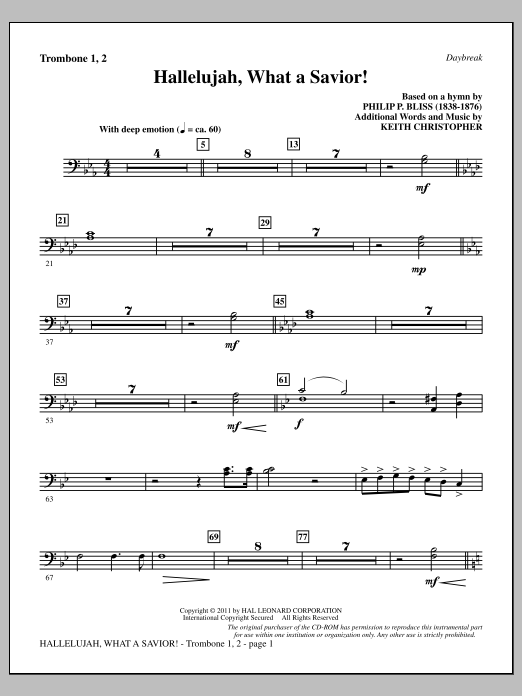 Keith Christopher Hallelujah, What A Savior! - Trombone 1 & 2 sheet music notes and chords arranged for Choir Instrumental Pak