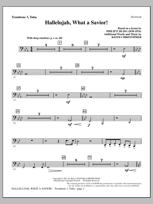 Keith Christopher Hallelujah, What A Savior! - Trombone 3/Tuba sheet music notes and chords arranged for Choir Instrumental Pak