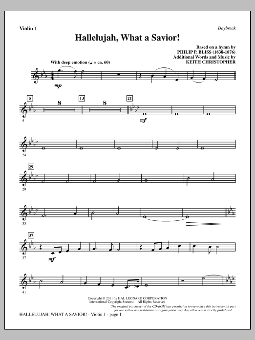 Keith Christopher Hallelujah, What A Savior! - Violin 1 sheet music notes and chords arranged for Choir Instrumental Pak