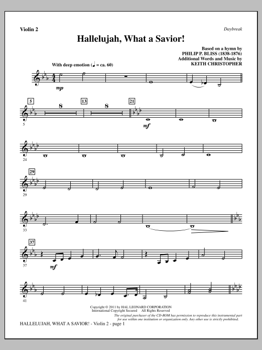 Keith Christopher Hallelujah, What A Savior! - Violin 2 sheet music notes and chords arranged for Choir Instrumental Pak