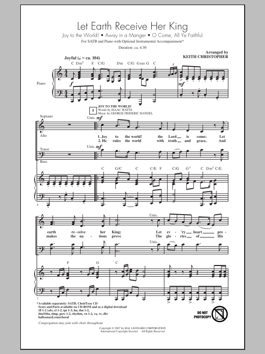 Keith Christopher Let Earth Receive Her King sheet music notes and chords arranged for SATB Choir