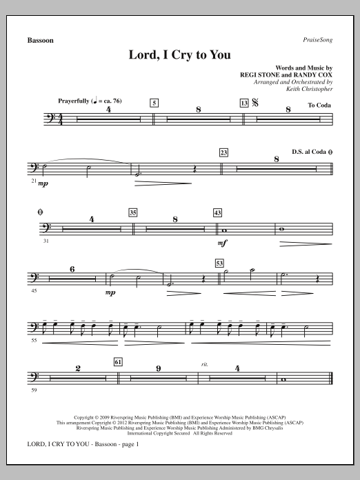 Keith Christopher Lord, I Cry To You - Bassoon sheet music notes and chords arranged for Choir Instrumental Pak