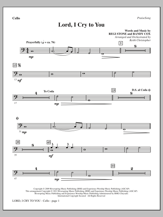 Keith Christopher Lord, I Cry To You - Cello sheet music notes and chords arranged for Choir Instrumental Pak
