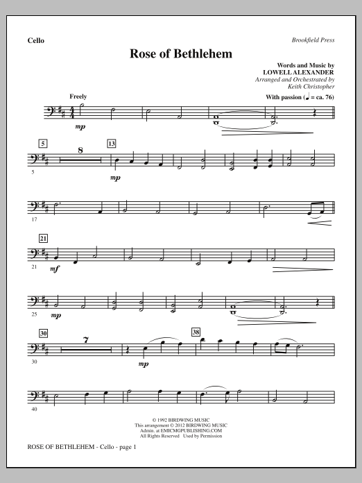 Keith Christopher Rose Of Bethlehem - Cello sheet music notes and chords arranged for Choir Instrumental Pak
