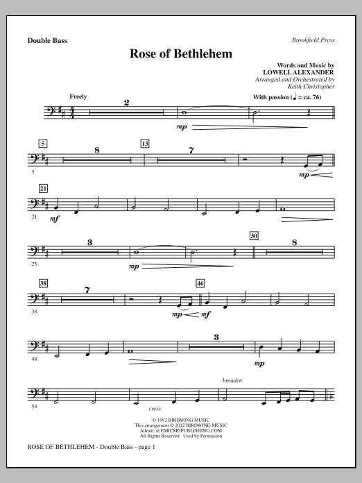 Keith Christopher Rose Of Bethlehem - Double Bass sheet music notes and chords arranged for Choir Instrumental Pak