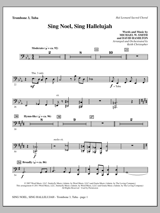 Keith Christopher Sing Noel, Sing Hallelujah - Trombone 3/Tuba sheet music notes and chords arranged for Choir Instrumental Pak