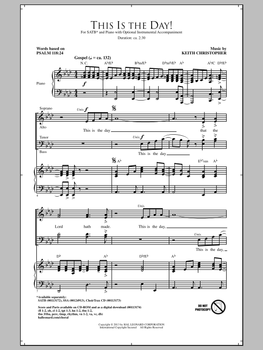 Keith Christopher This Is The Day sheet music notes and chords arranged for SSA Choir