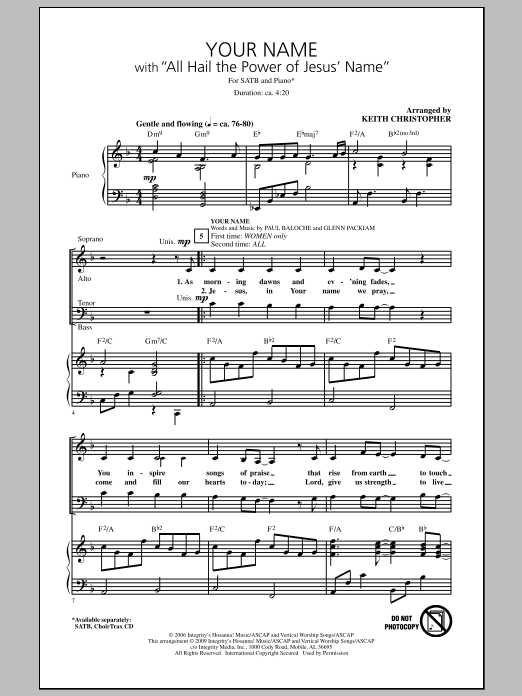 Keith Christopher Your Name (with All Hail The Power Of Jesus' Name) sheet music notes and chords arranged for SATB Choir