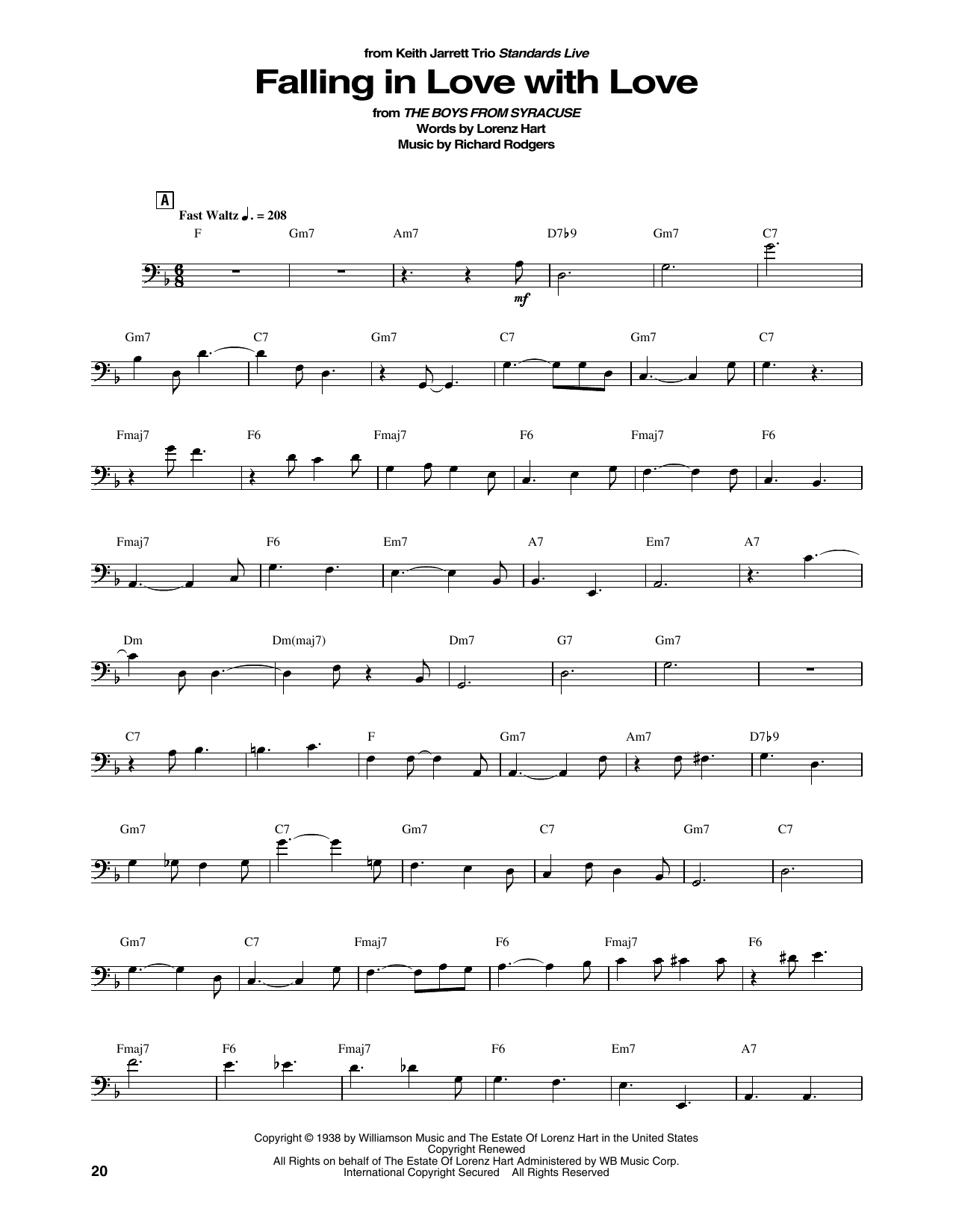 Keith Garrett Trio Falling In Love With Love sheet music notes and chords arranged for String Bass Transcription
