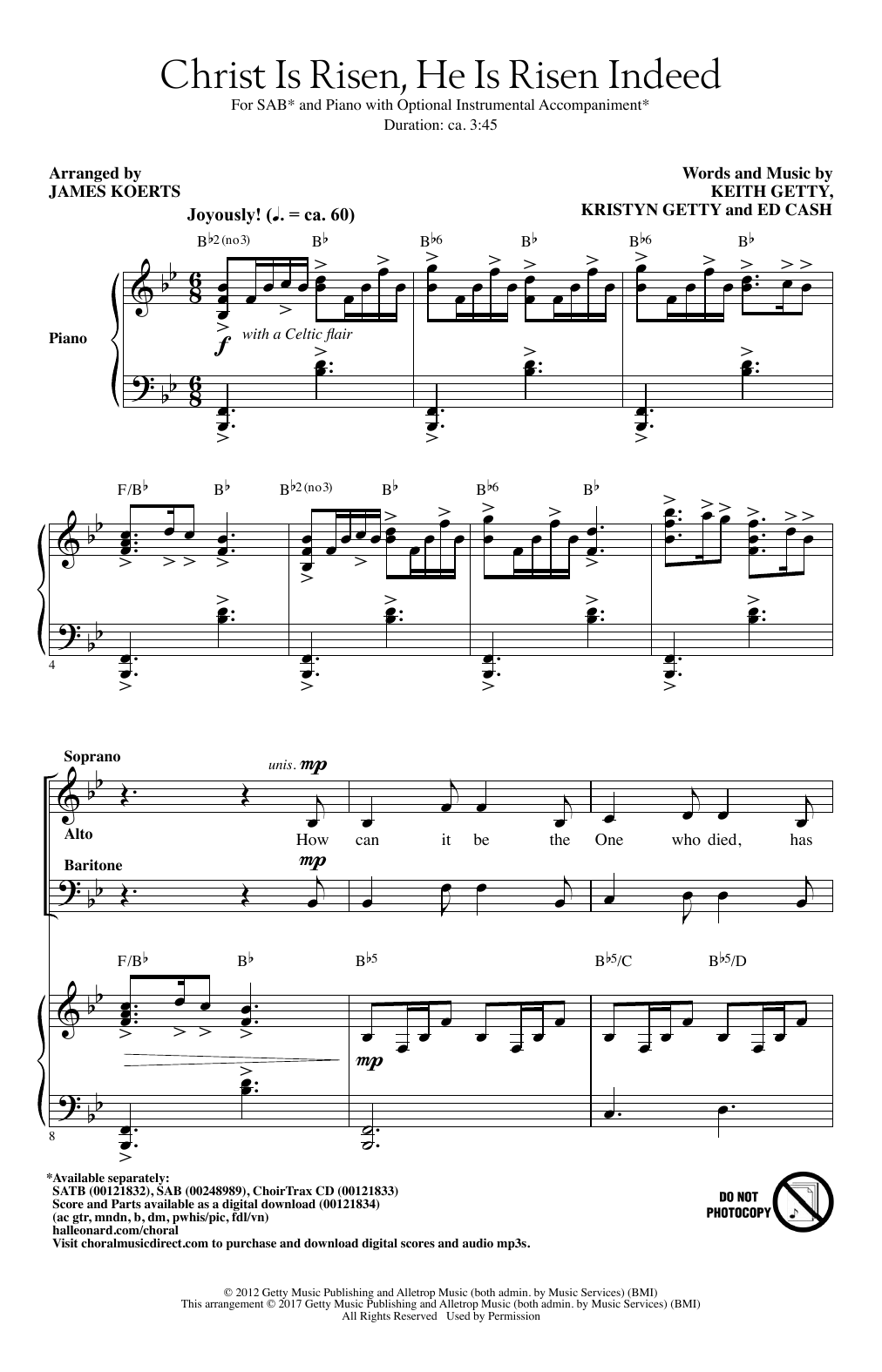 Keith Getty, Kristyn Getty and Ed Cash Christ Is Risen, He Is Risen Indeed (arr. James Koerts) sheet music notes and chords arranged for SAB Choir