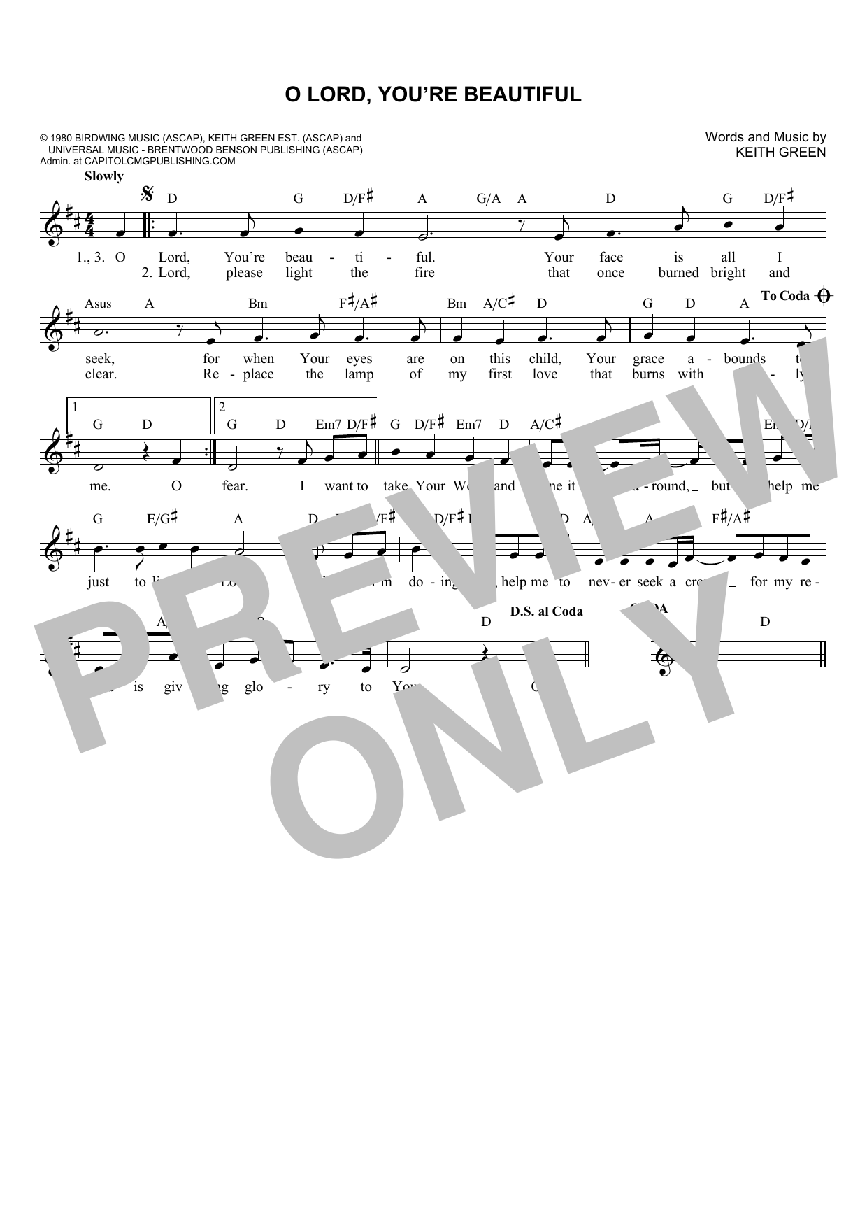 Keith Green O Lord, You're Beautiful sheet music notes and chords arranged for Lead Sheet / Fake Book