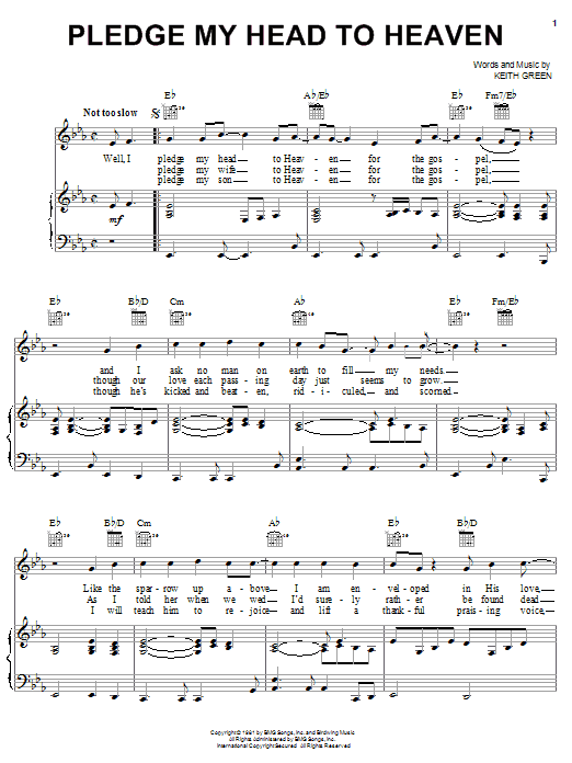 Keith Green Pledge My Head To Heaven sheet music notes and chords arranged for Piano, Vocal & Guitar Chords (Right-Hand Melody)
