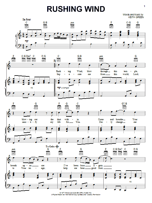 Keith Green Rushing Wind sheet music notes and chords arranged for Piano, Vocal & Guitar Chords (Right-Hand Melody)