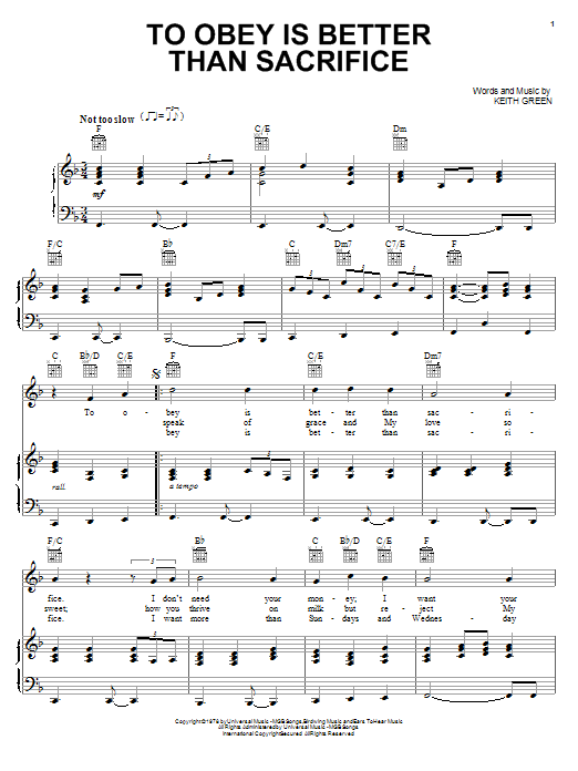 Keith Green To Obey Is Better Than Sacrifice sheet music notes and chords arranged for Piano, Vocal & Guitar Chords (Right-Hand Melody)