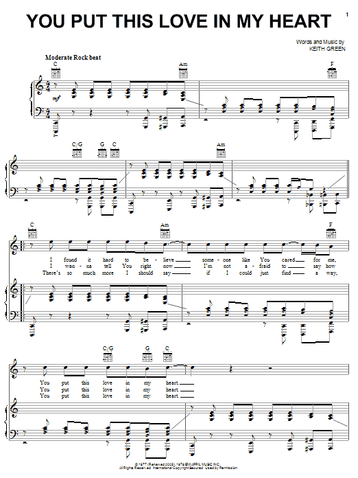 Keith Green You Put This Love In My Heart sheet music notes and chords arranged for Piano, Vocal & Guitar Chords (Right-Hand Melody)
