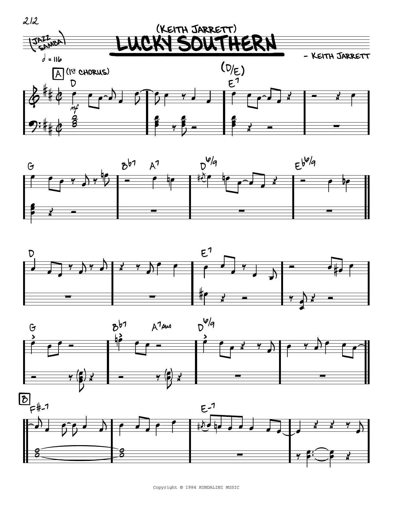 Keith Jarrett Lucky Southern (solo only) sheet music notes and chords arranged for Real Book – Melody & Chords