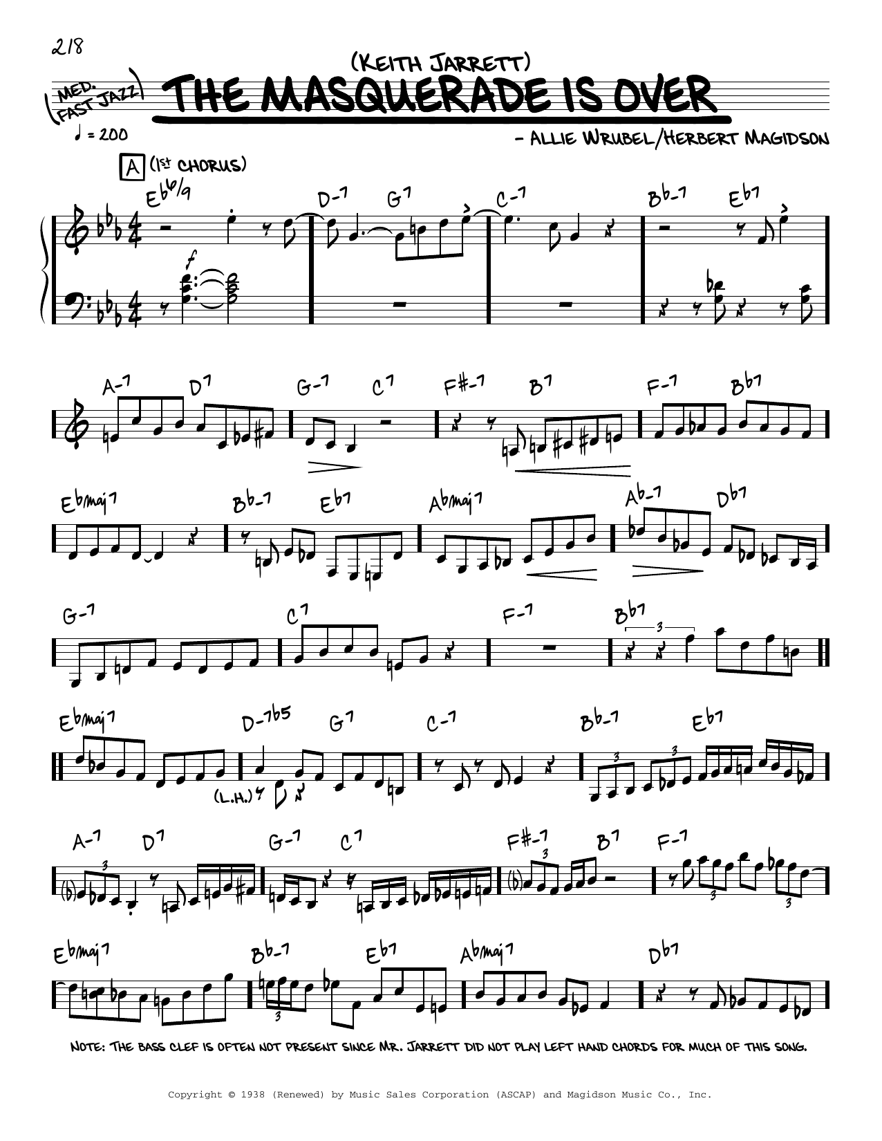 Keith Jarrett The Masquerade Is Over (solo only) sheet music notes and chords arranged for Real Book – Melody & Chords