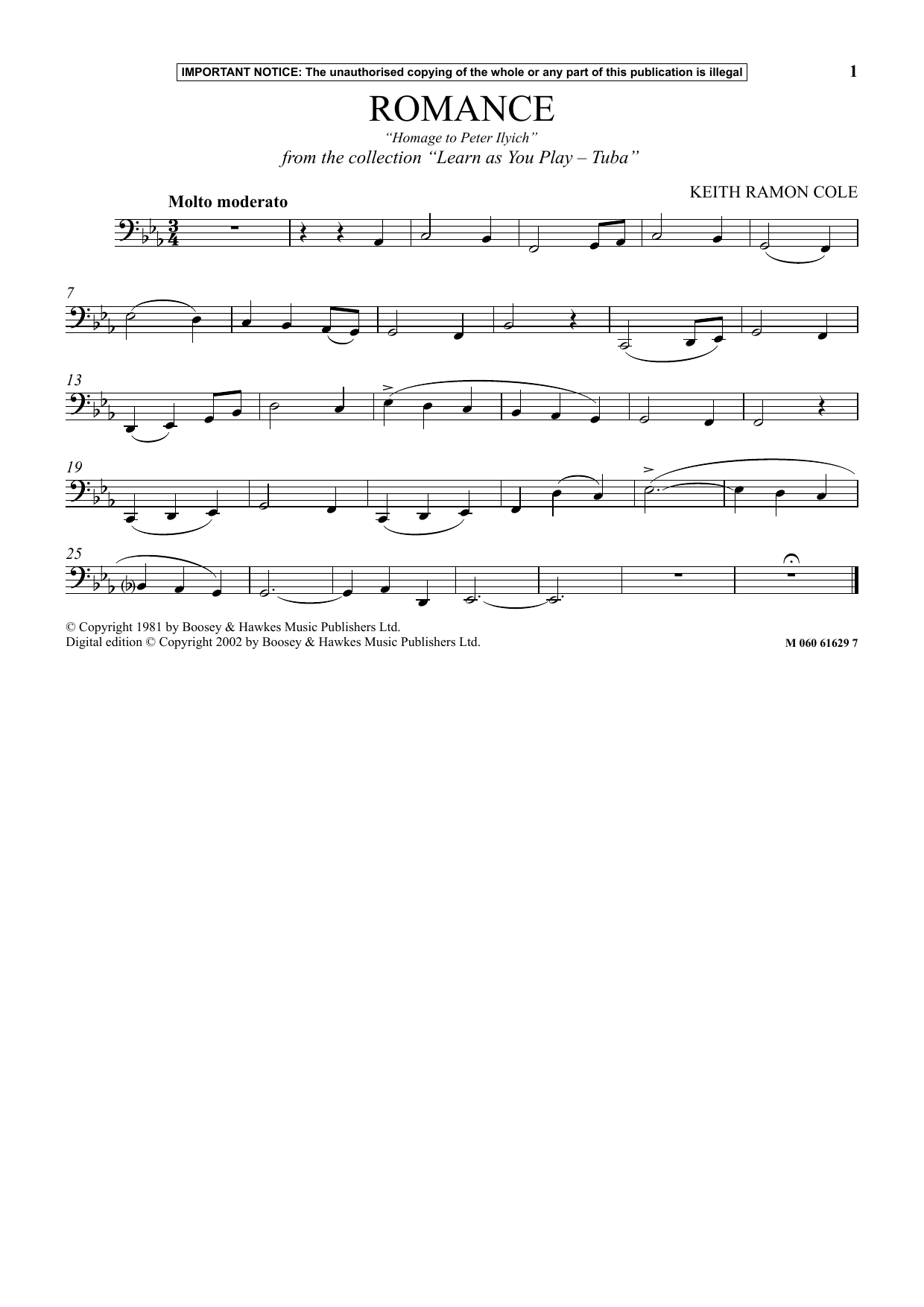 Keith Ramon Cole Romance - Homage To Peter Ilyich (from Learn As You Play Tuba) sheet music notes and chords arranged for Instrumental Solo