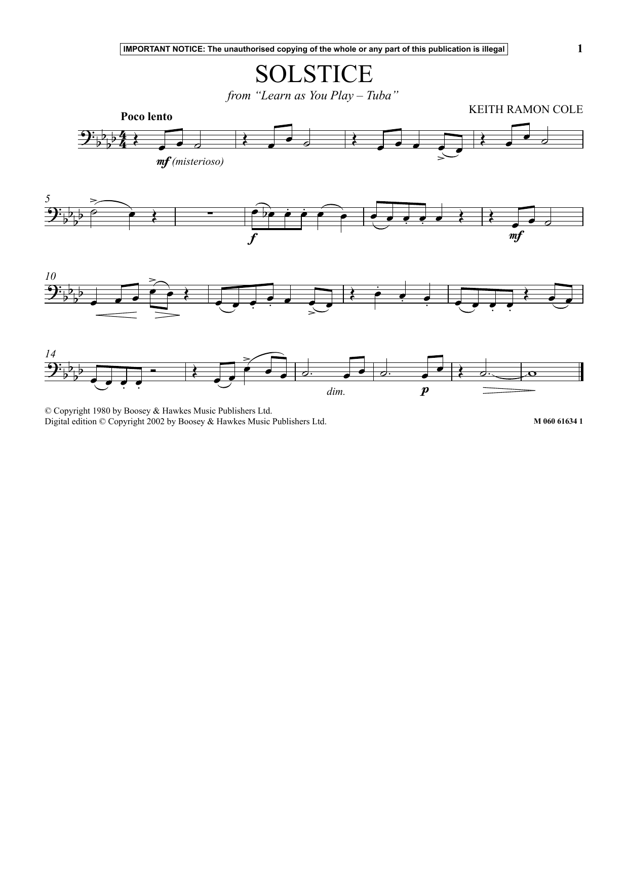 Keith Ramon Cole Solstice (from Learn As You Play Tuba) sheet music notes and chords arranged for Instrumental Solo