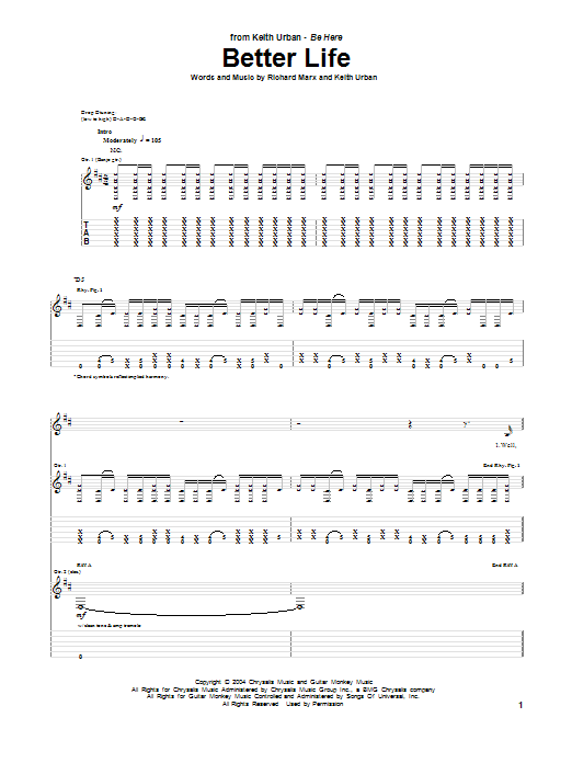 Keith Urban Better Life sheet music notes and chords arranged for Guitar Tab