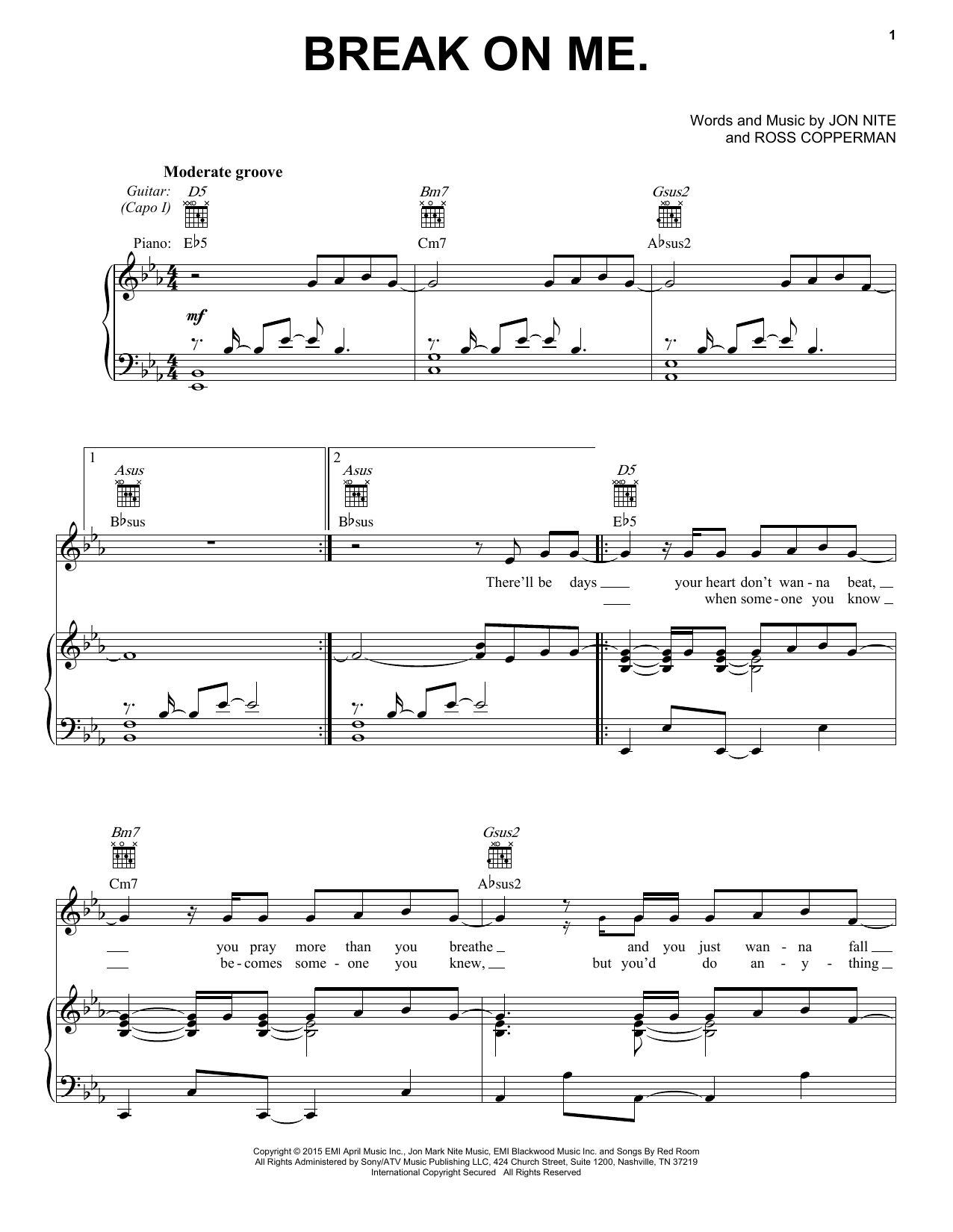 Keith Urban Break On Me sheet music notes and chords arranged for Piano, Vocal & Guitar Chords (Right-Hand Melody)