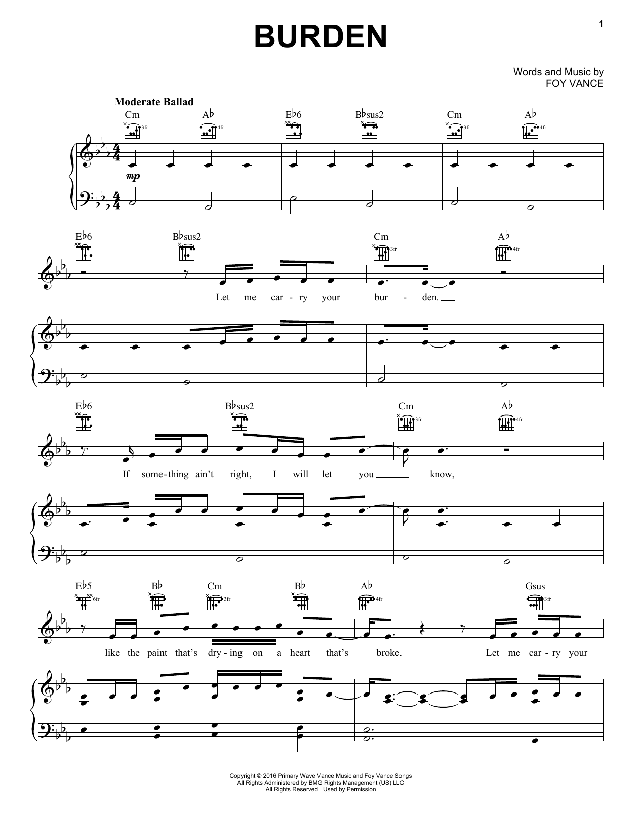 Keith Urban Burden sheet music notes and chords arranged for Piano, Vocal & Guitar Chords (Right-Hand Melody)