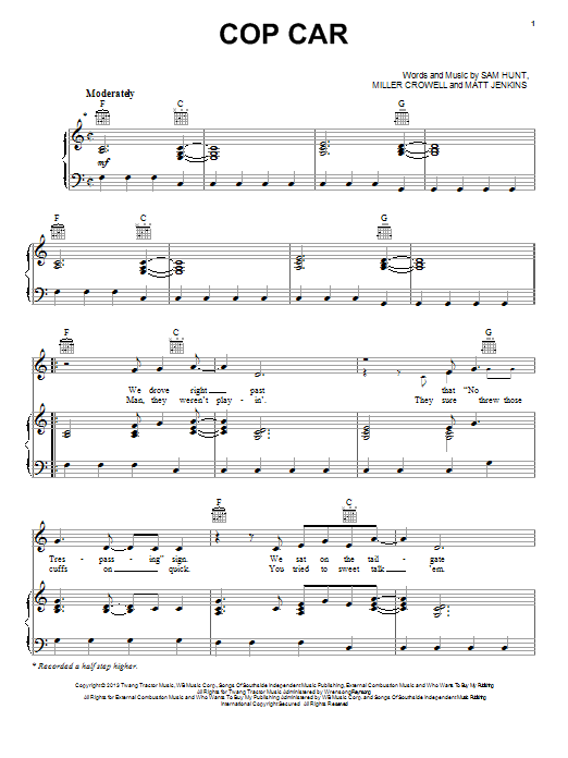 Keith Urban Cop Car sheet music notes and chords arranged for Piano, Vocal & Guitar Chords (Right-Hand Melody)