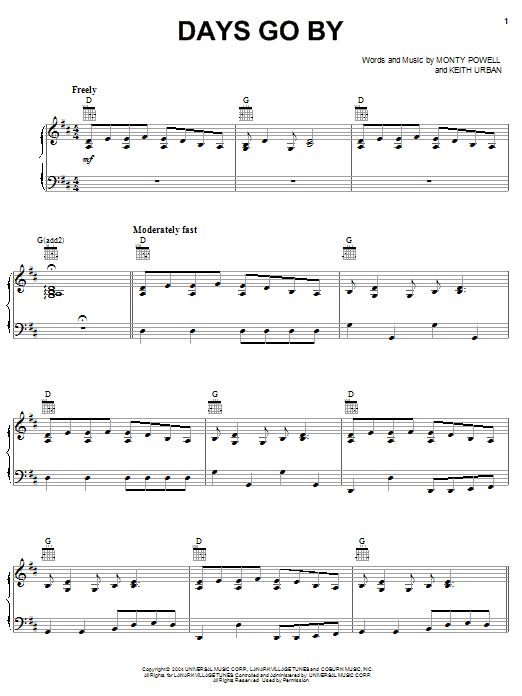 Keith Urban Days Go By sheet music notes and chords arranged for Piano, Vocal & Guitar Chords (Right-Hand Melody)