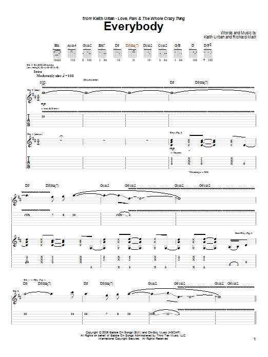 Keith Urban Everybody sheet music notes and chords arranged for Guitar Chords/Lyrics