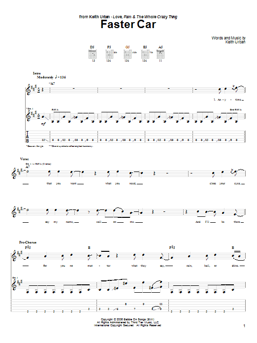 Keith Urban Faster Car sheet music notes and chords arranged for Piano, Vocal & Guitar Chords (Right-Hand Melody)