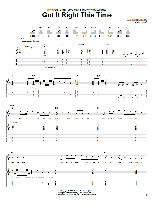 Keith Urban Got It Right This Time sheet music notes and chords arranged for Piano, Vocal & Guitar Chords (Right-Hand Melody)