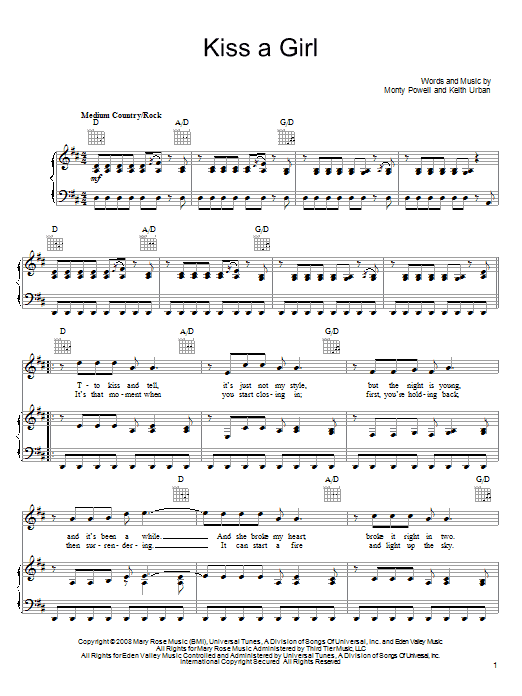 Keith Urban Kiss A Girl sheet music notes and chords arranged for Piano, Vocal & Guitar Chords (Right-Hand Melody)