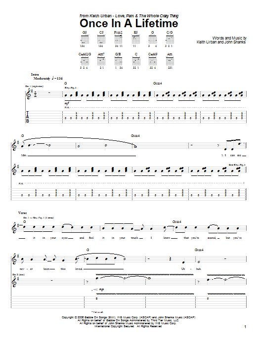 Keith Urban Once In A Lifetime sheet music notes and chords arranged for Guitar Chords/Lyrics