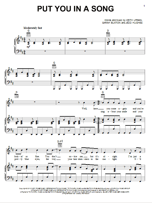 Keith Urban Put You In A Song sheet music notes and chords arranged for Piano, Vocal & Guitar Chords (Right-Hand Melody)